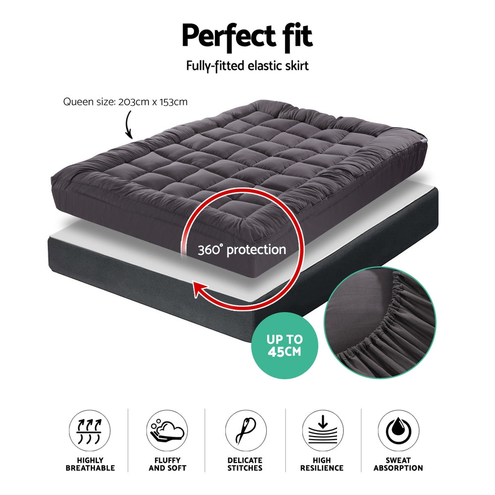 Queen Mattress Topper Pillowtop 1000GSM Charcoal Microfibre Bamboo Fibre Filling Protector