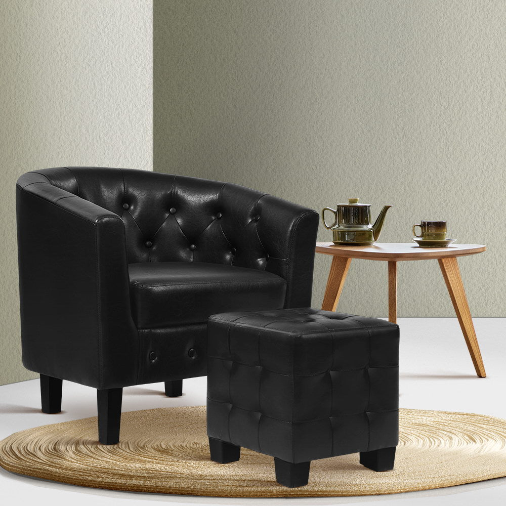 Black Leather Armchair with  Ottoman