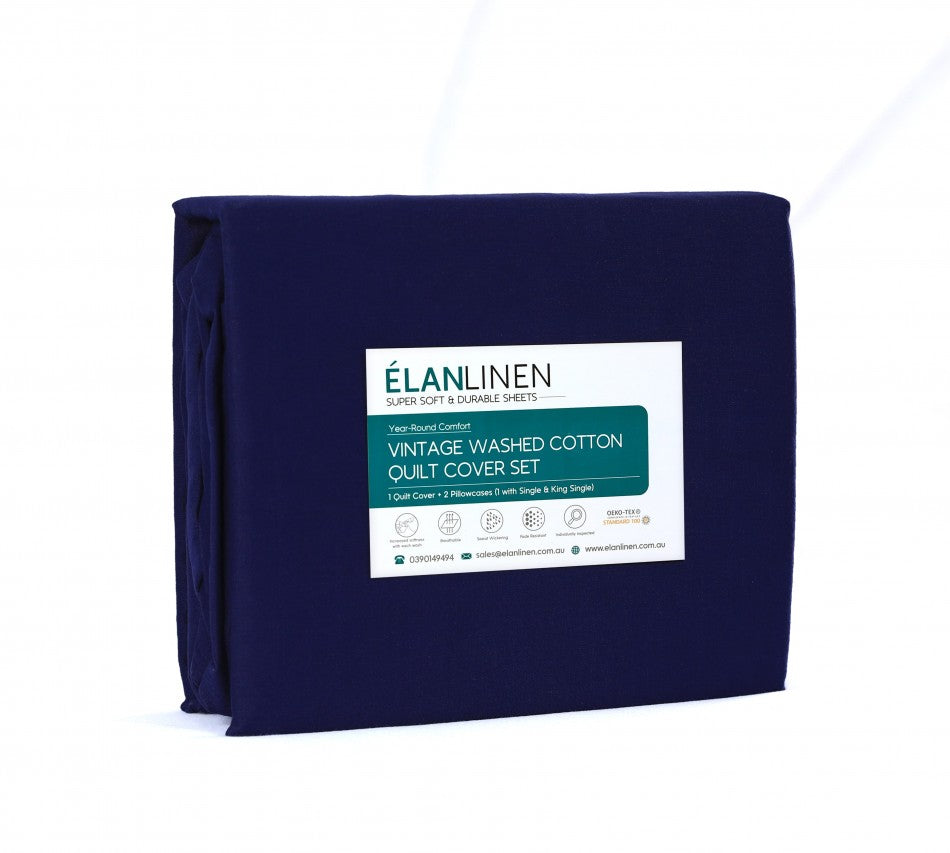 100% Egyptian Cotton Vintage Washed 500TC Navy Blue King Quilt Cover Set