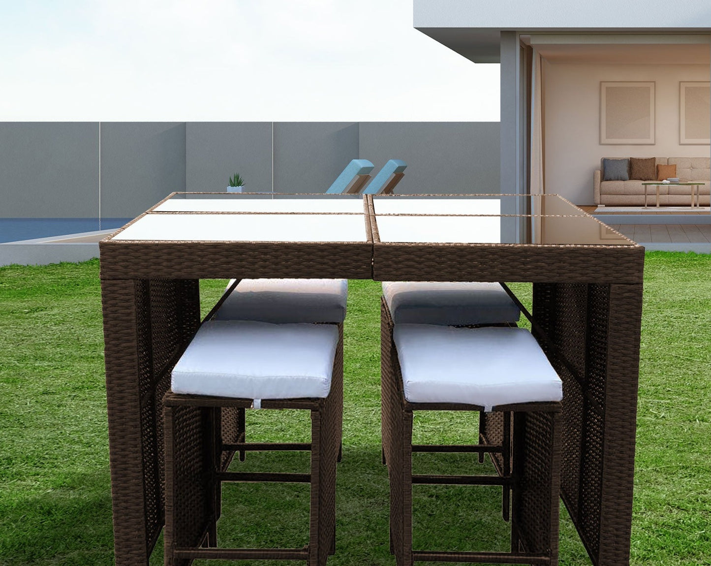 Furniture Outdoor 5 Piece Bar Table Set Rattan and Cushions Patio Dining - Oatmeal and Grey