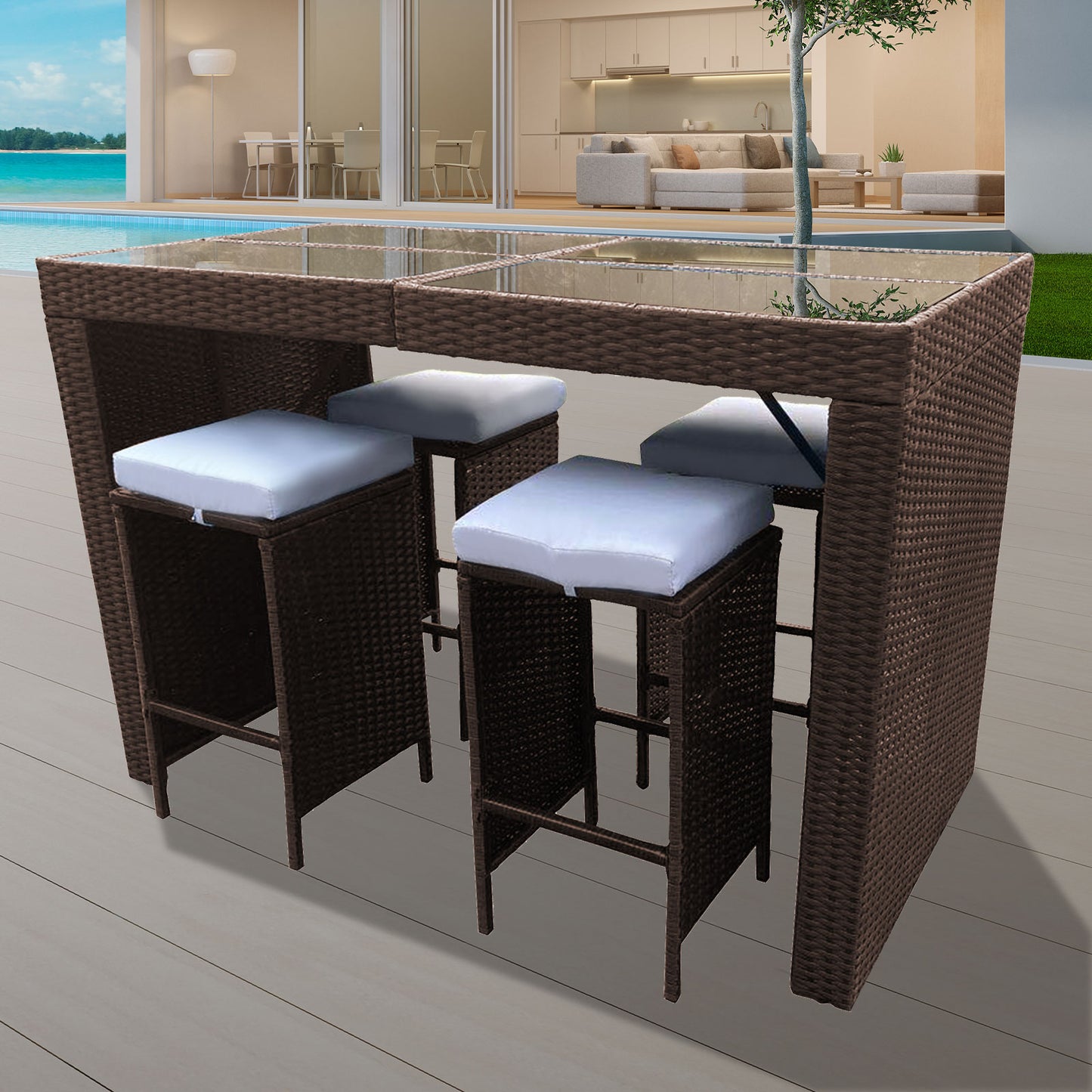 Furniture Outdoor 5 Piece Bar Table Set Rattan and Cushions Patio Dining - Oatmeal and Grey
