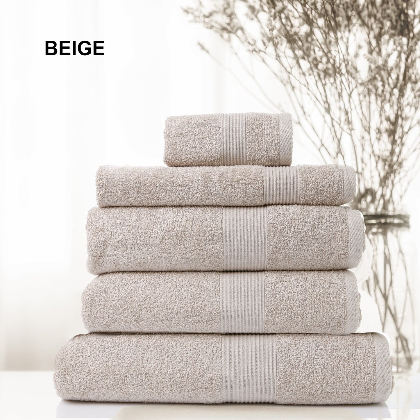 5 Piece Cotton Bamboo Towel Set 450GSM Luxurious Absorbent Plush - Beige