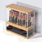 31 Holes Acrylic Bamboo Brush Holder Organiser Beauty Cosmetic Display Stand with Leather Drawer Black (22.3 x 8.6 x 21.5 cm)