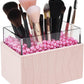 Leather Makeup Brush Cosmetic Organiser Storage Box with Pink Pearls and Acrylic Cover (Pink)