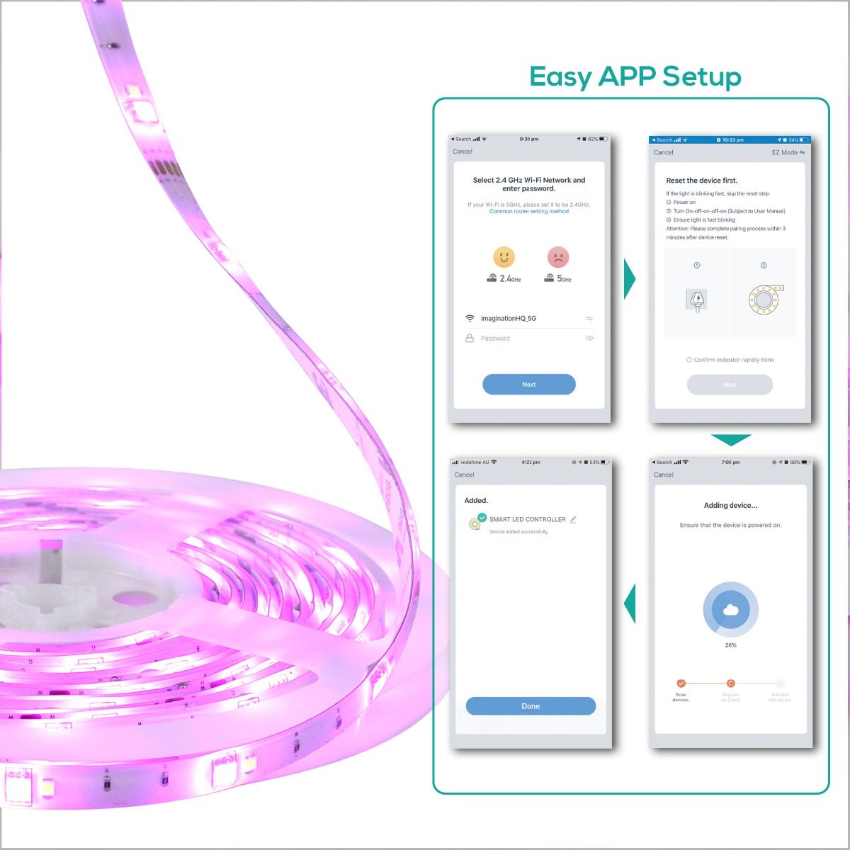 2m IP65 Smart RGB & Warm White LED Strip Lights