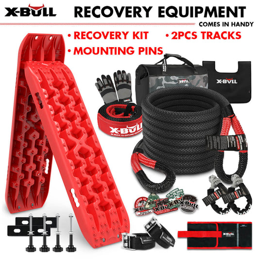 4X4 Recovery Kit Kinetic Recovery Rope Snatch Strap / 2PCS Recovery Tracks 4WD Mounting Pins Gen3.0 Red