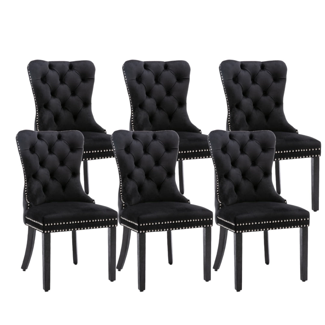 6x Velvet Dining Chairs Upholstered Tufted Chair with Solid Wood Legs Stud Trim and Ring-Black