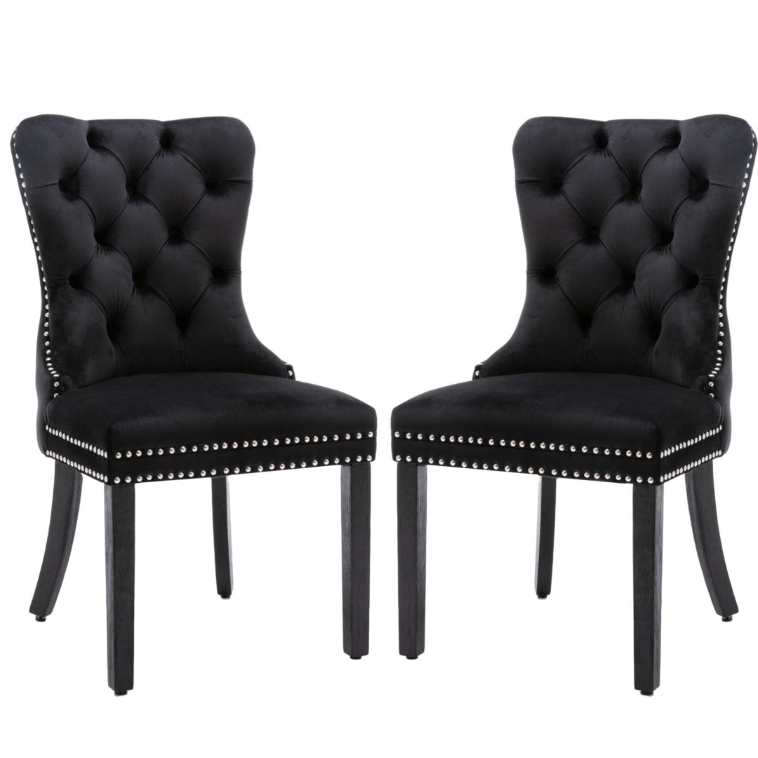 6x Velvet Dining Chairs Upholstered Tufted Chair with Solid Wood Legs Stud Trim and Ring-Black