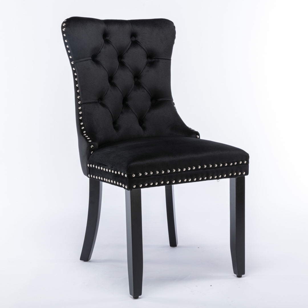 6x Velvet Dining Chairs Upholstered Tufted Chair with Solid Wood Legs Stud Trim and Ring-Black