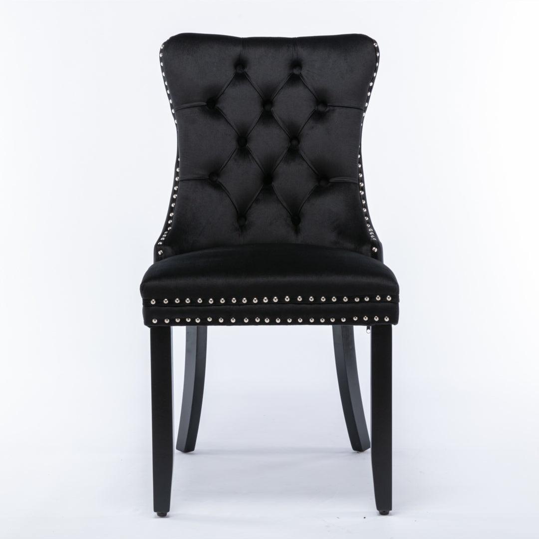 6x Velvet Dining Chairs Upholstered Tufted Chair with Solid Wood Legs Stud Trim and Ring-Black