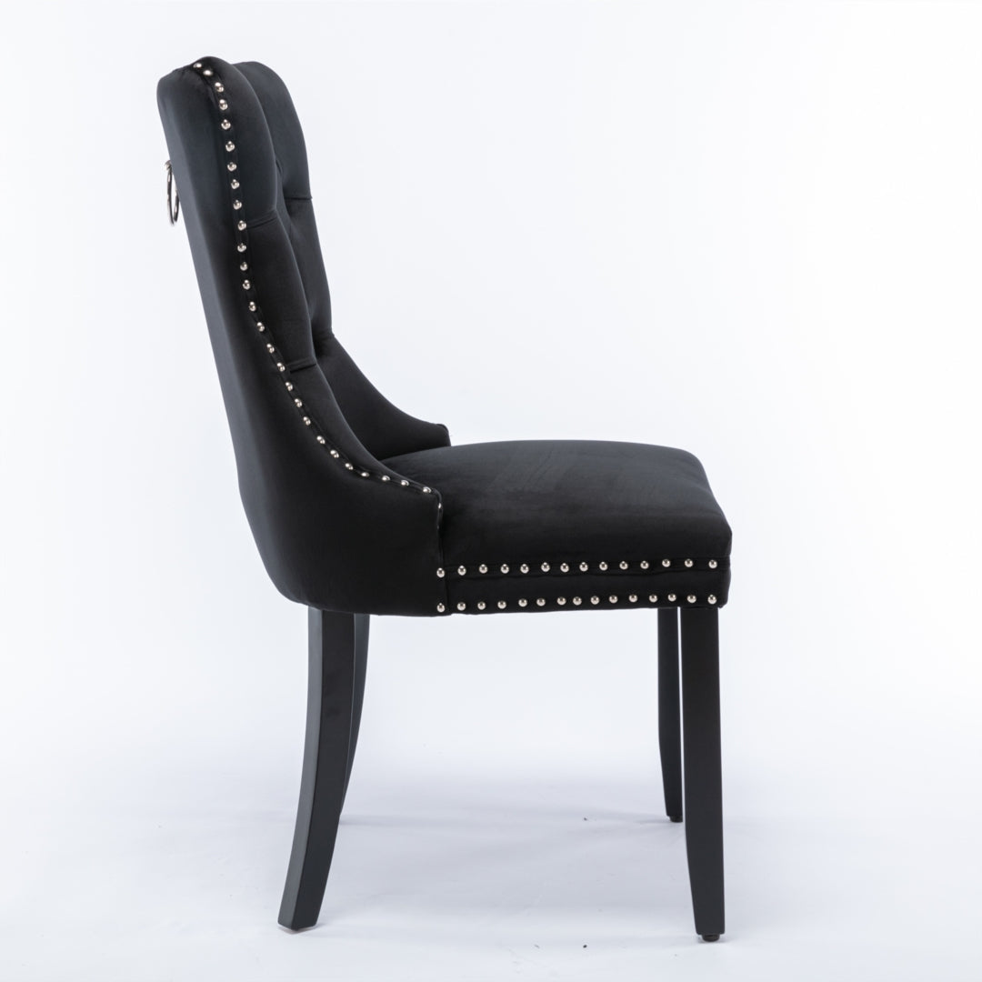 6x Velvet Dining Chairs Upholstered Tufted Chair with Solid Wood Legs Stud Trim and Ring-Black