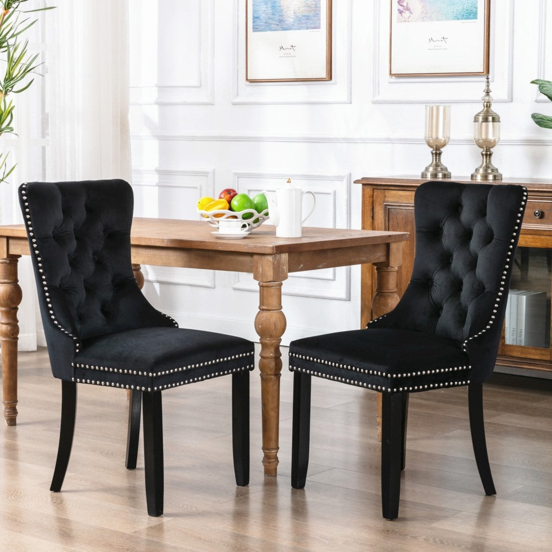 6x Velvet Dining Chairs Upholstered Tufted Chair with Solid Wood Legs Stud Trim and Ring-Black