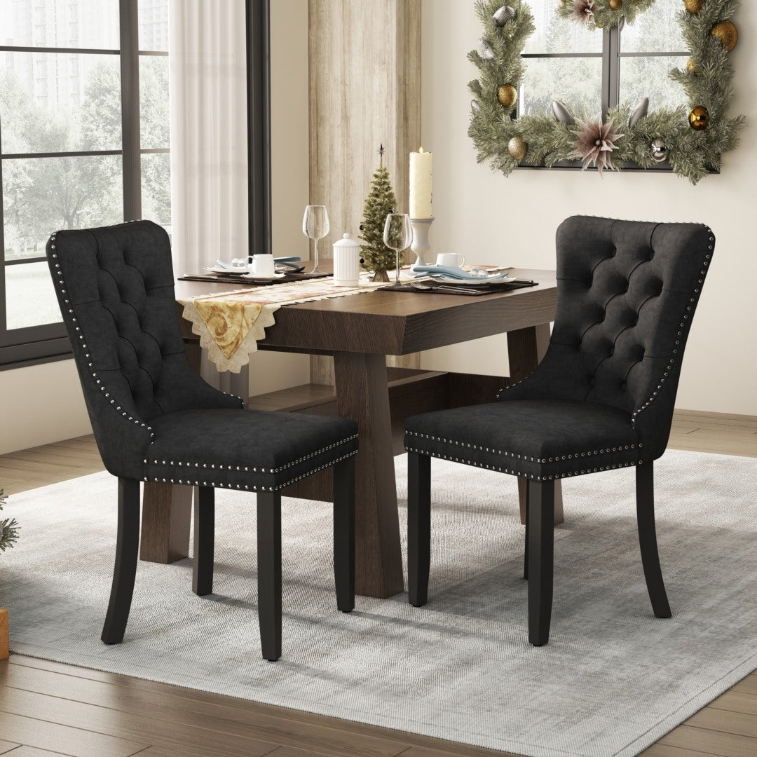 6x Velvet Dining Chairs Upholstered Tufted Chair with Solid Wood Legs Stud Trim and Ring-Black