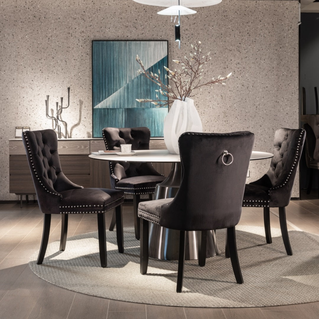 6x Velvet Dining Chairs Upholstered Tufted Chair with Solid Wood Legs Stud Trim and Ring-Black