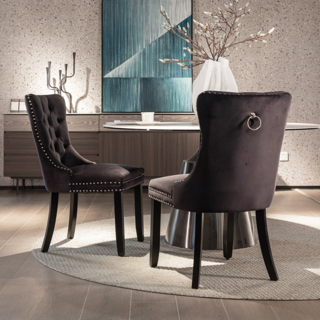 6x Velvet Dining Chairs Upholstered Tufted Chair with Solid Wood Legs Stud Trim and Ring-Black