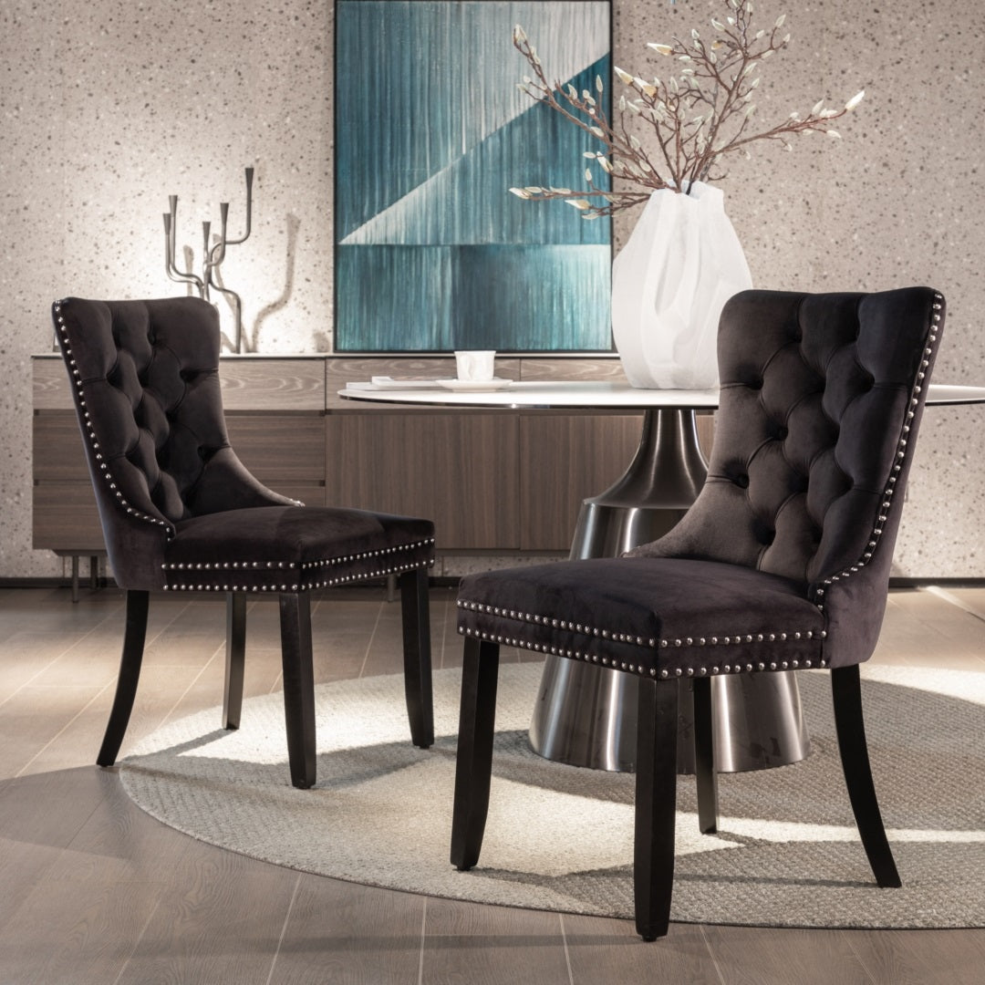 6x Velvet Dining Chairs Upholstered Tufted Chair with Solid Wood Legs Stud Trim and Ring-Black