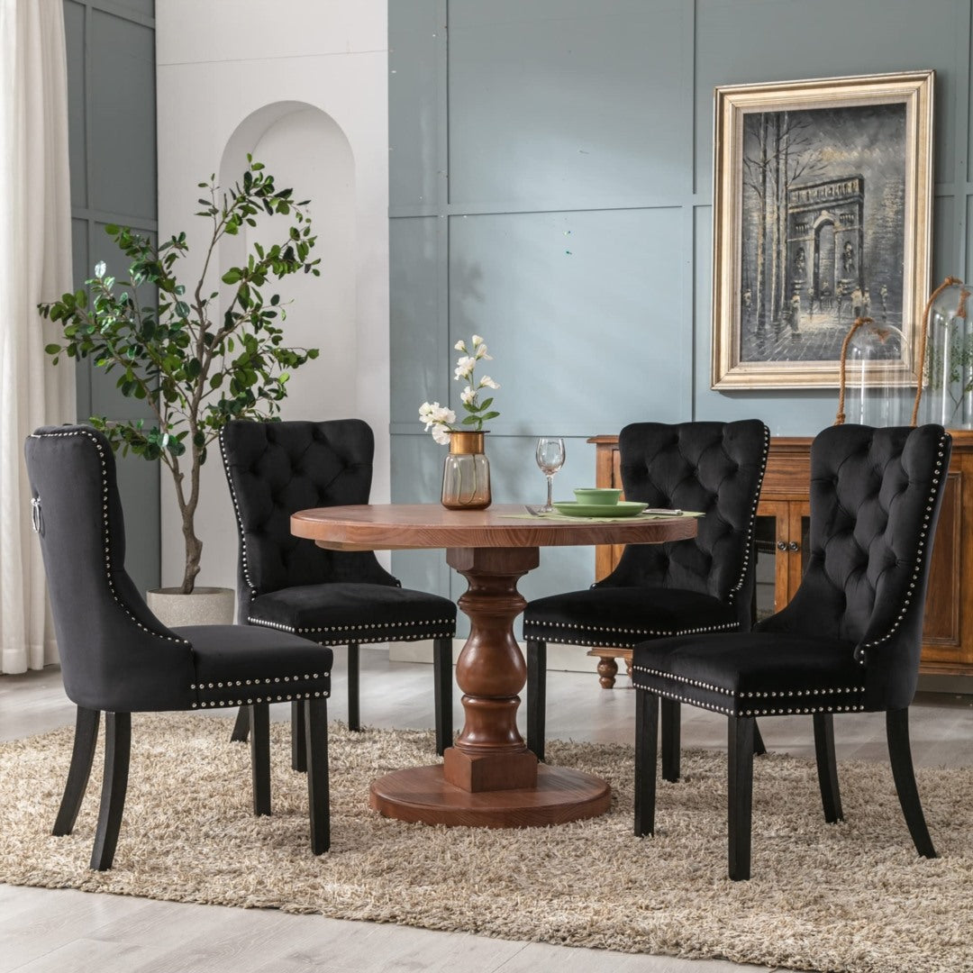 6x Velvet Dining Chairs Upholstered Tufted Chair with Solid Wood Legs Stud Trim and Ring-Black