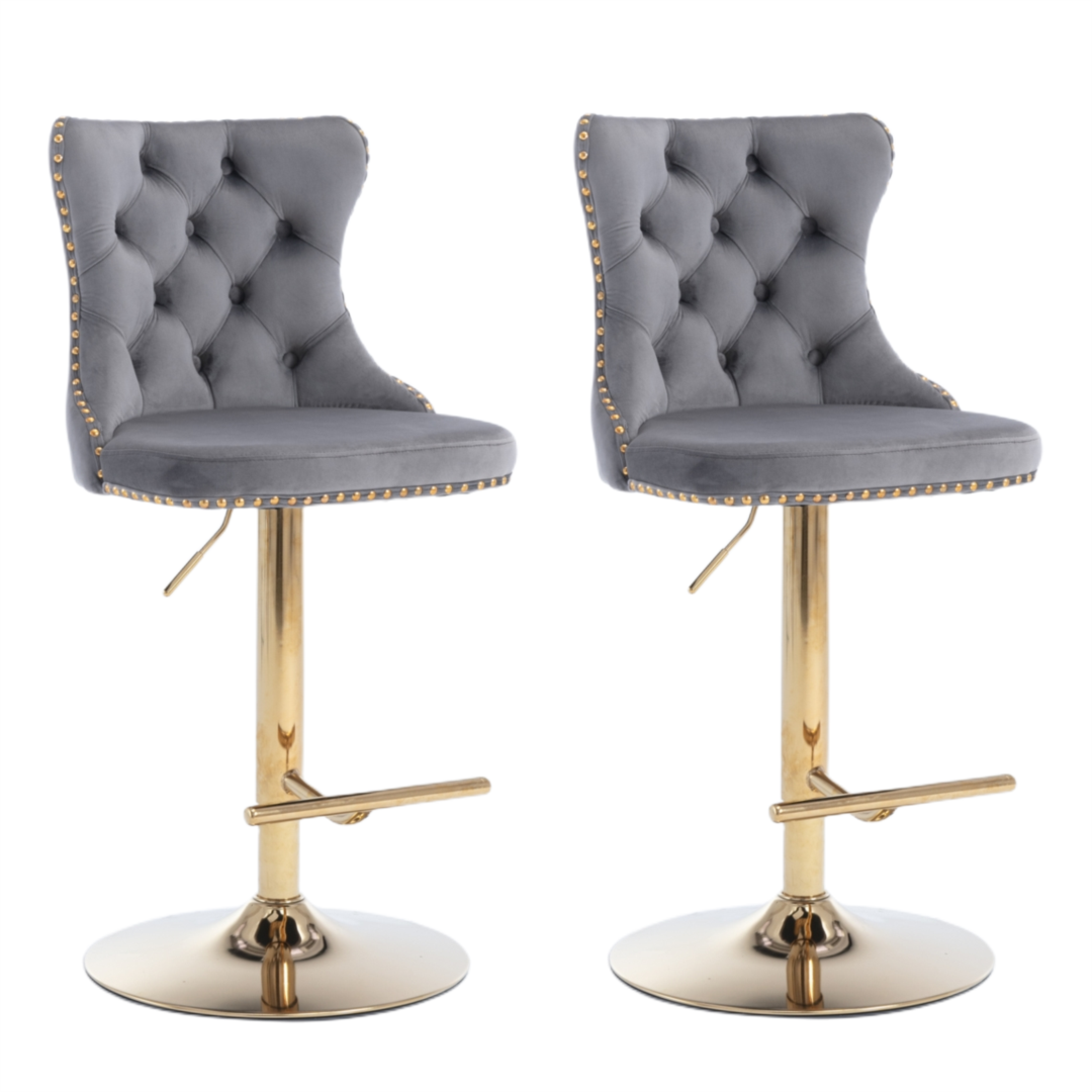 2x Height Adjustable Swivel Bar Stool Velvet Studs Barstool with Footrest and Golden Base- Grey