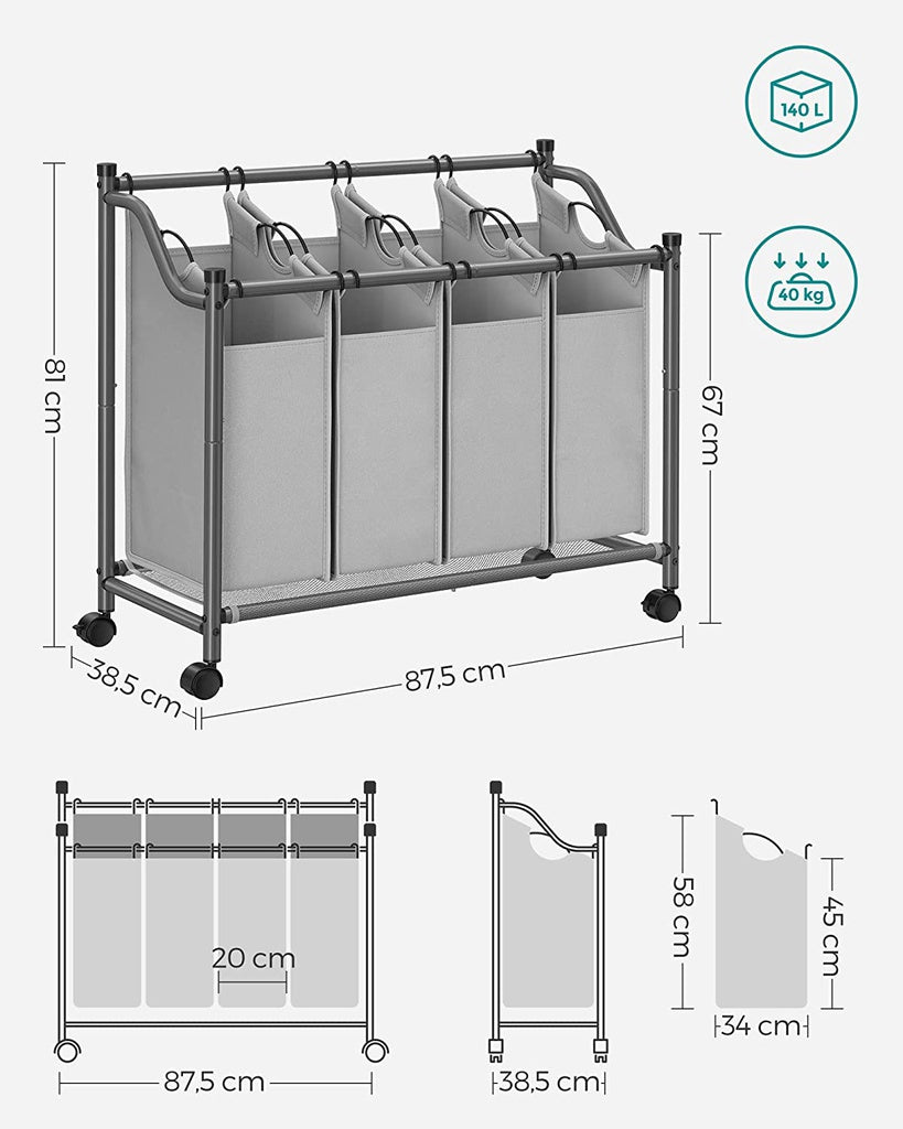 Laundry Basket with 4 Removable Laundry Bin on Wheels Gray LSF005GS