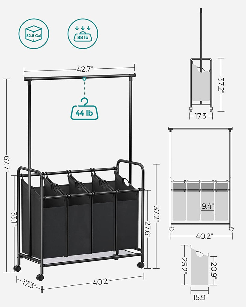 4-Bag Laundry Sorter Rolling Cart with Hanging Bar Heavy-Duty Wheels Black RLS44B