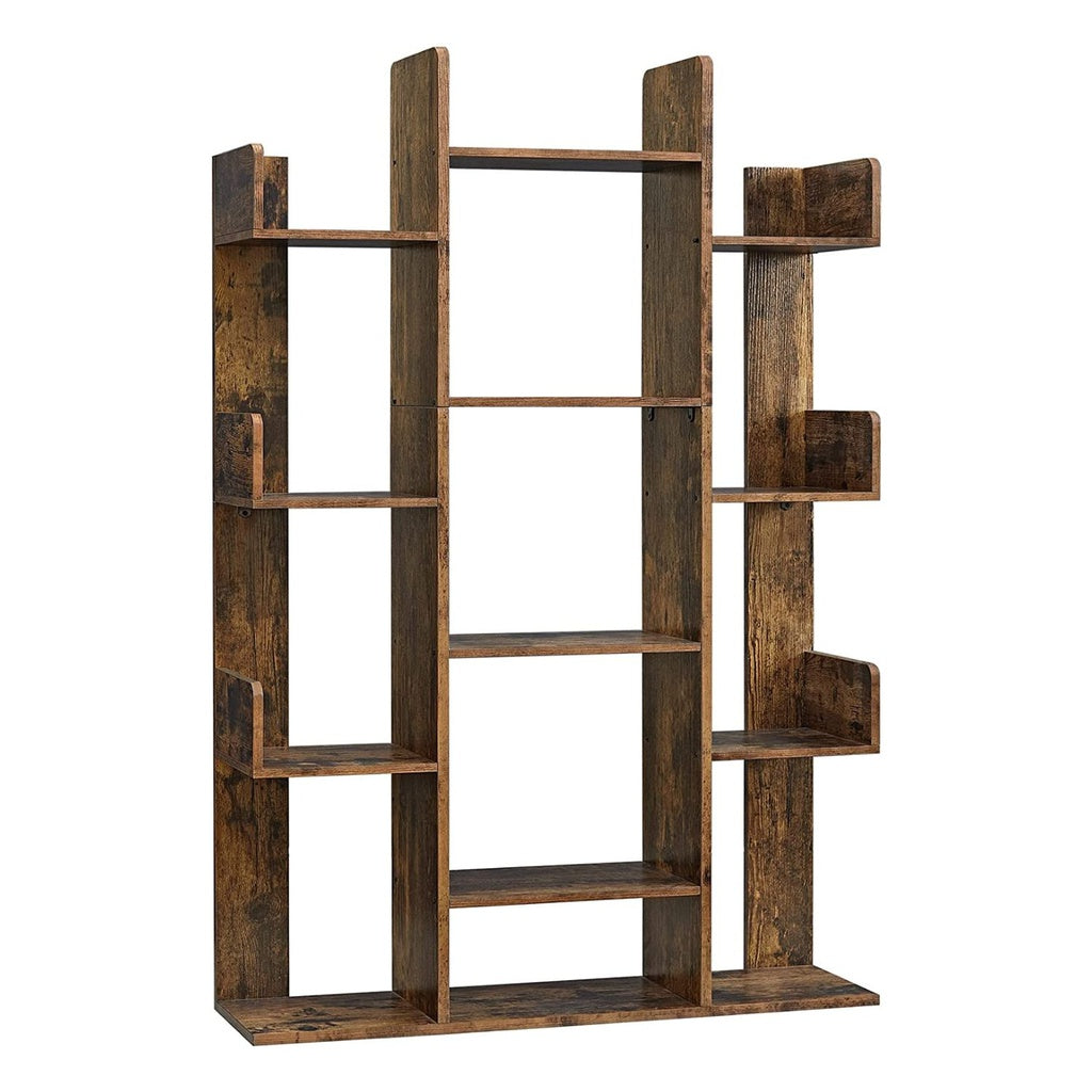 Industrial Tree-Shaped Bookcase with 13 Storage Shelves Rounded Corners Rustic Brown