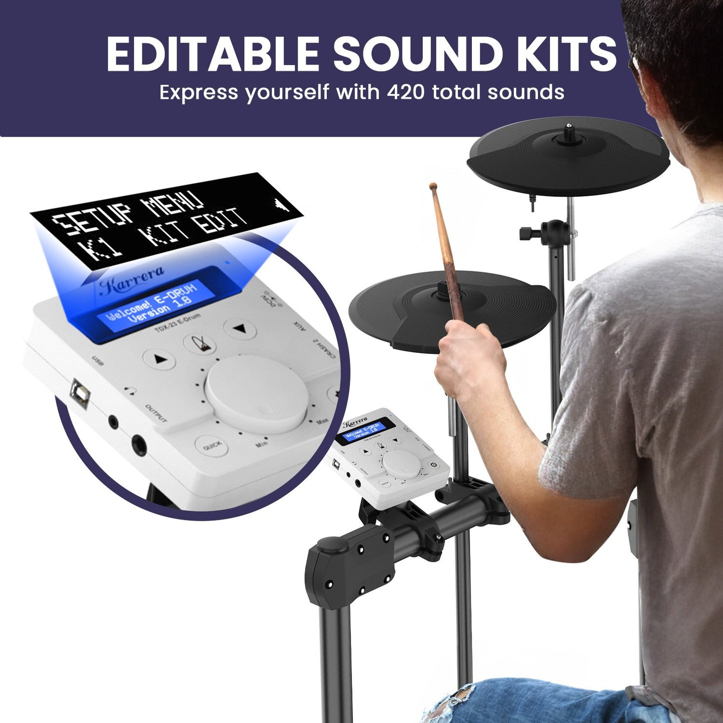 X23 Electronic Drum Kit With Quiet Mesh Drum Heads, Editable Sound Kits, Kick Pedal And Silicone Kick Drum, Usb Midi And 420 Sound