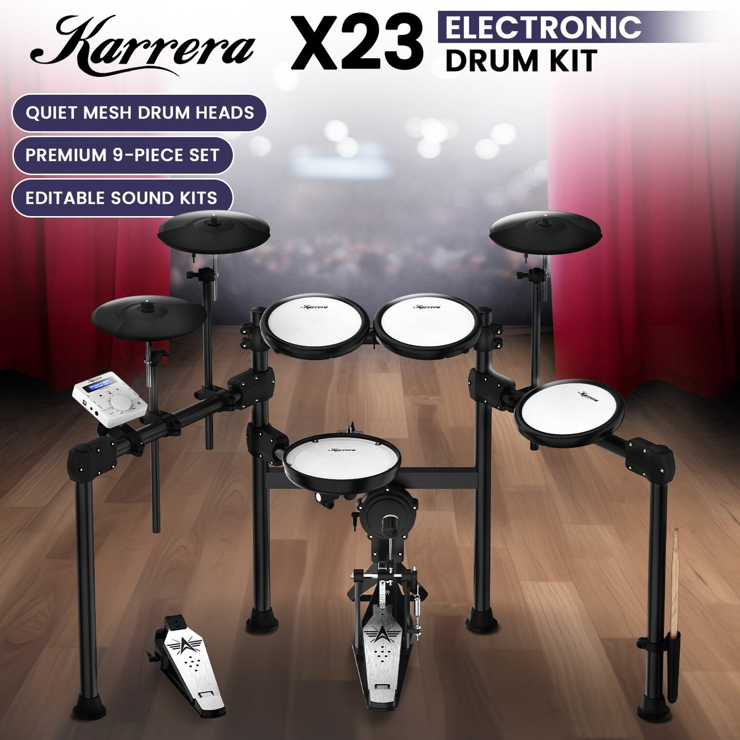 X23 Electronic Drum Kit With Quiet Mesh Drum Heads, Editable Sound Kits, Kick Pedal And Silicone Kick Drum, Usb Midi And 420 Sound