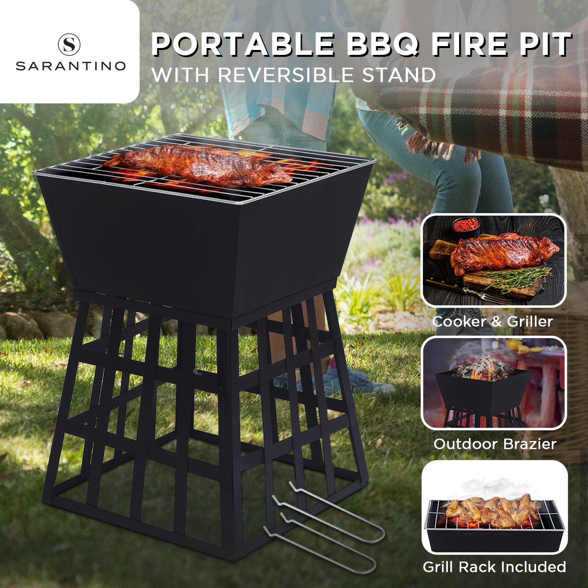 Outdoor Fire Pit for BBQ, Grilling, Cooking, Camping- Portable Brazier with Reversible Stand for Backyard