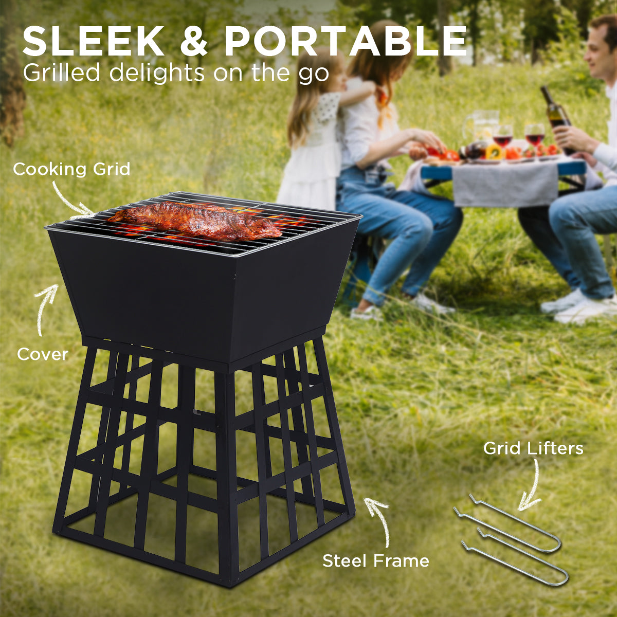 Outdoor Fire Pit for BBQ, Grilling, Cooking, Camping- Portable Brazier with Reversible Stand for Backyard