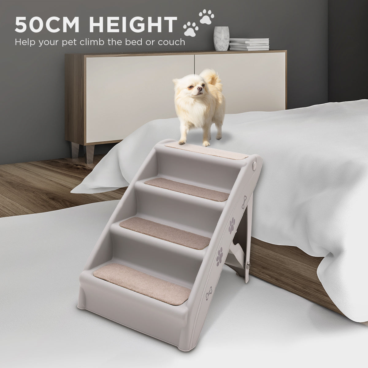 Foldable Pet Stairs in Grey - 50cm Dog Ladder Cat Ramp with Non-Slip Mat for Indoor and Outdoor Use