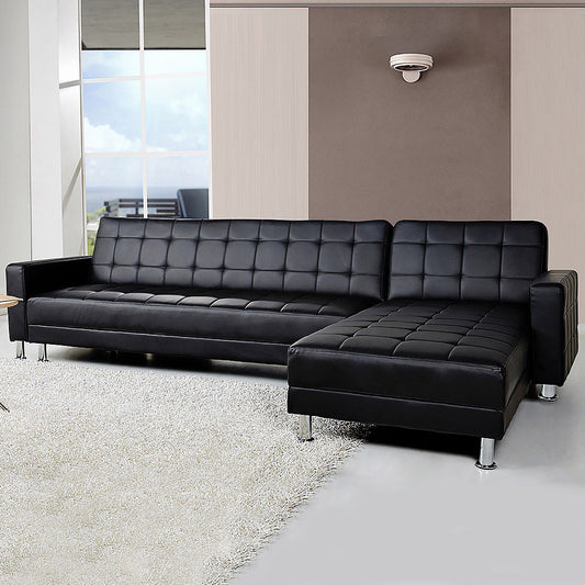 Corner Faux Leather Sofa Bed Couch with Chaise - Black