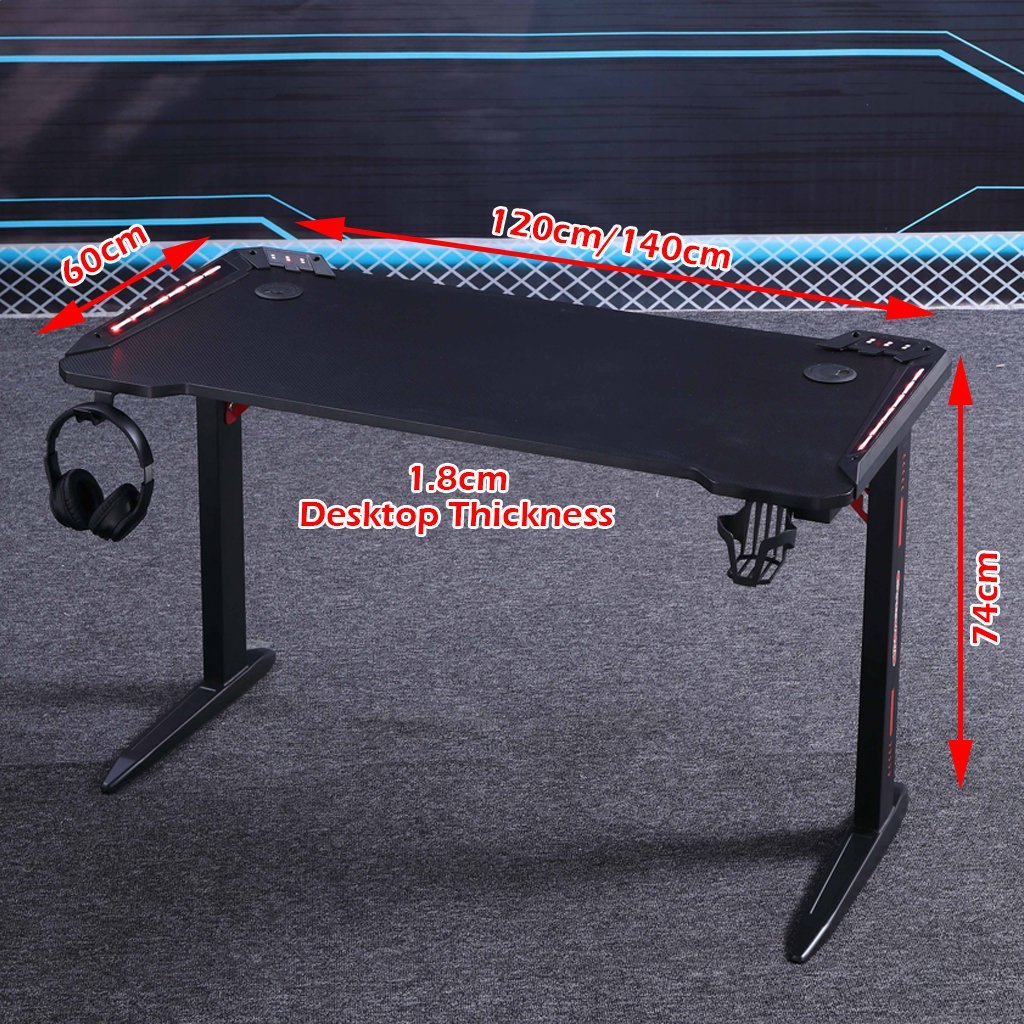 120cm RGB Gaming Desk Home Office Carbon Fibre Led Lights Game Racer Computer PC Table L-Shaped Black