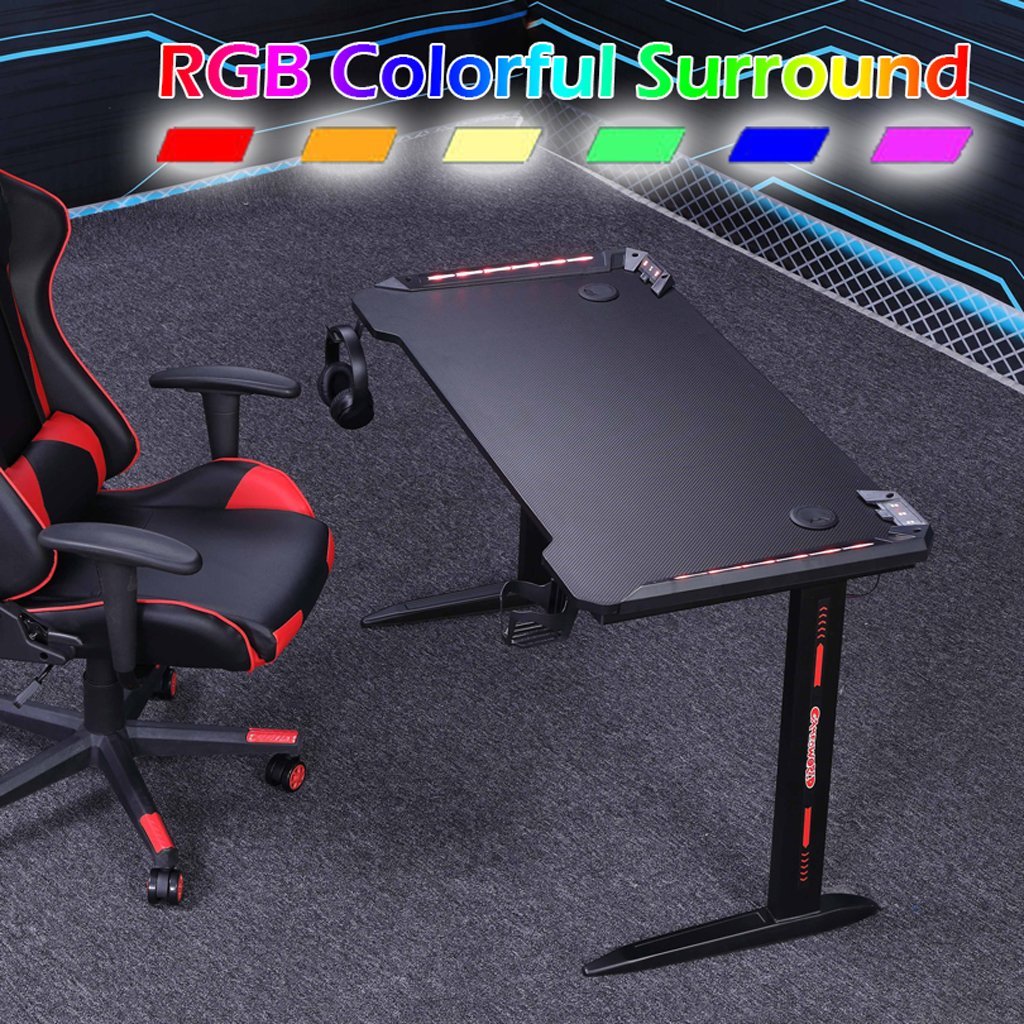 140cm RGB Gaming Desk Home Office Carbon Fiber Led Lights Game Racer Computer PC Table L-Shaped Black