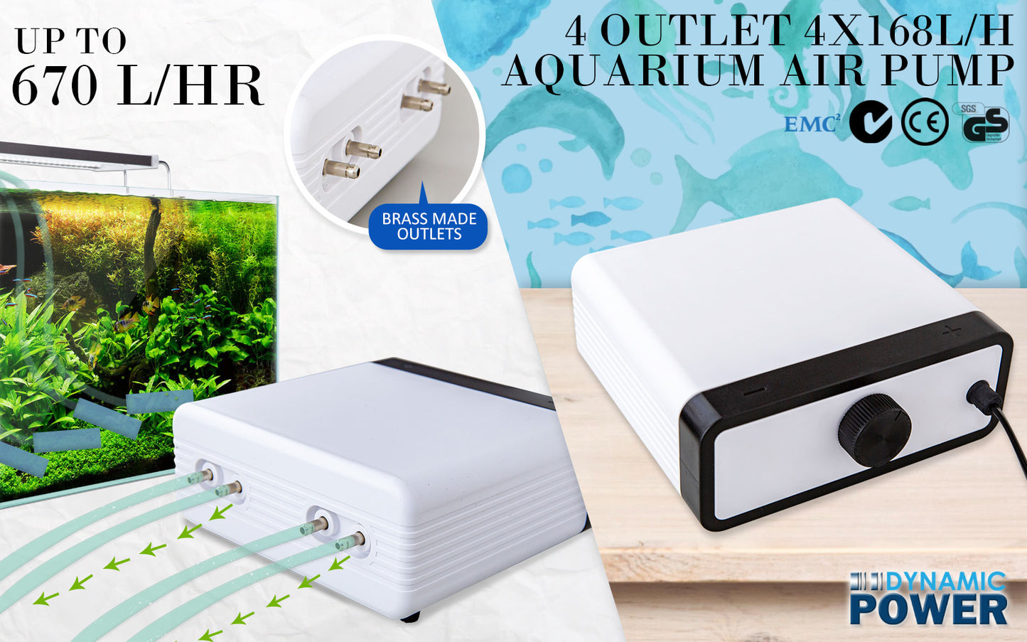 White Aquarium Air Pump Oxygen Hydroponic 4 Outlet 670L/H 8W