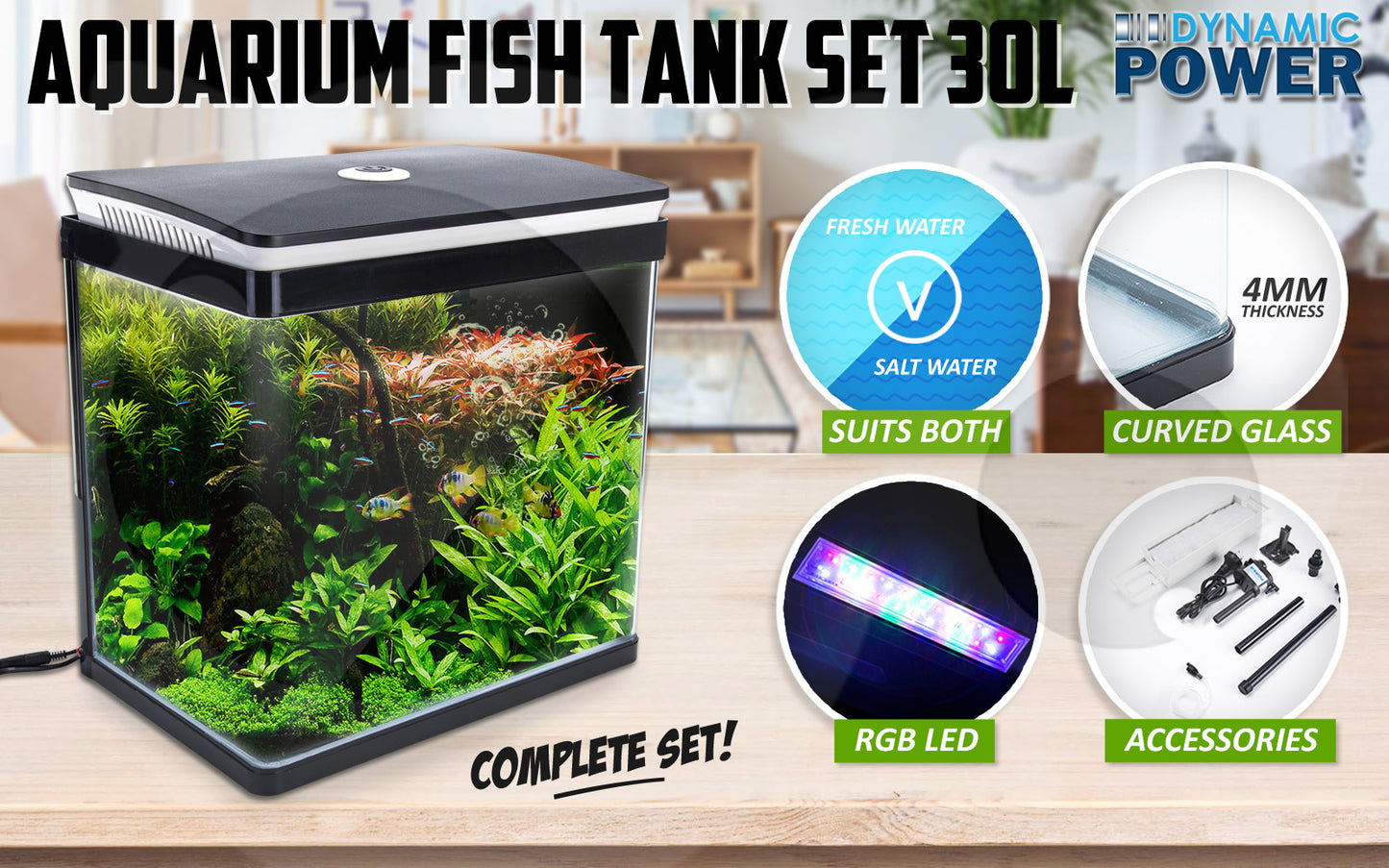 Aquarium Fish Tank 30L Curved Glass RGB LED