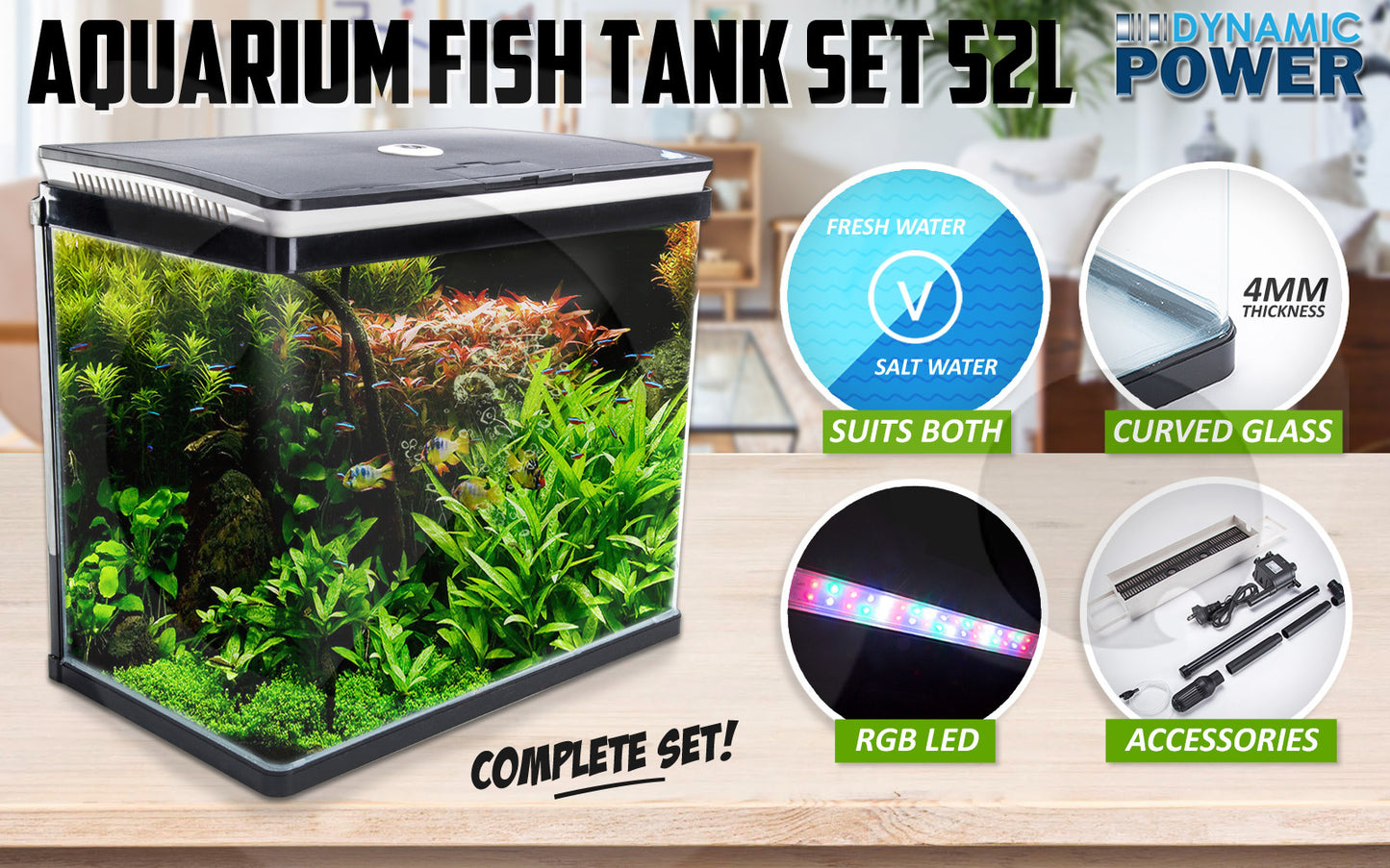 Aquarium Fish Tank 52L Curved Glass RGB LED