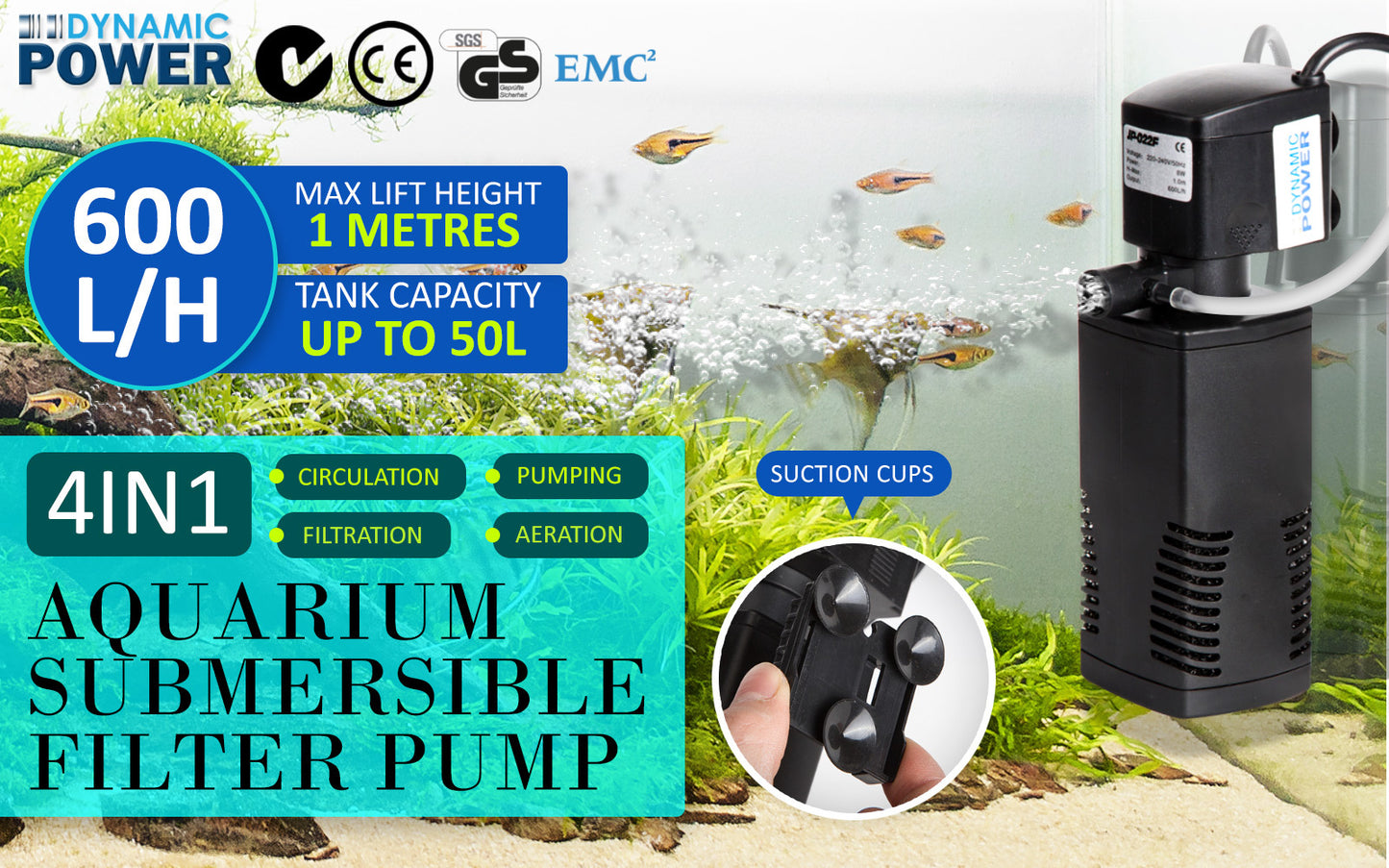 Aquarium Submersible Filter 600L/H 8W 1m Pond Pump