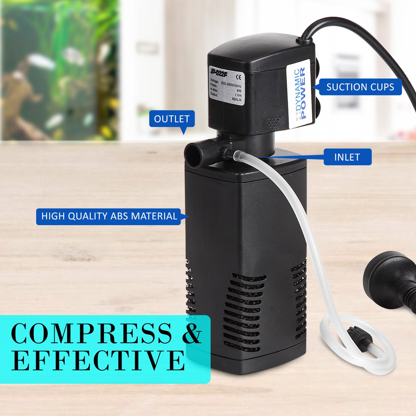 Aquarium Submersible Filter 600L/H 8W 1m Pond Pump