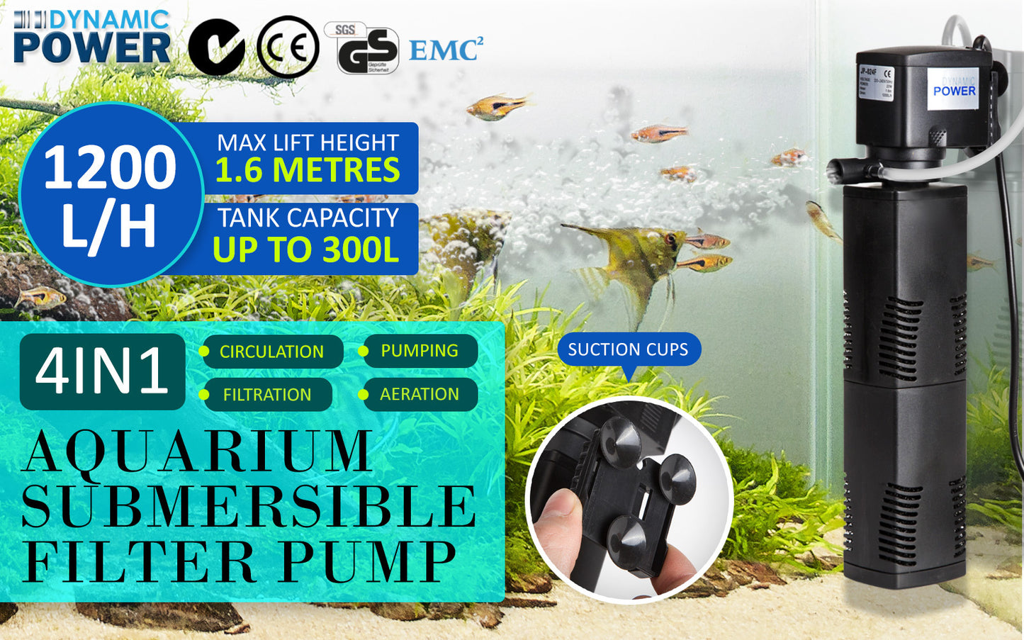 Aquarium Submersible Filter 1200L/H 22W 1.6m Pond Pump