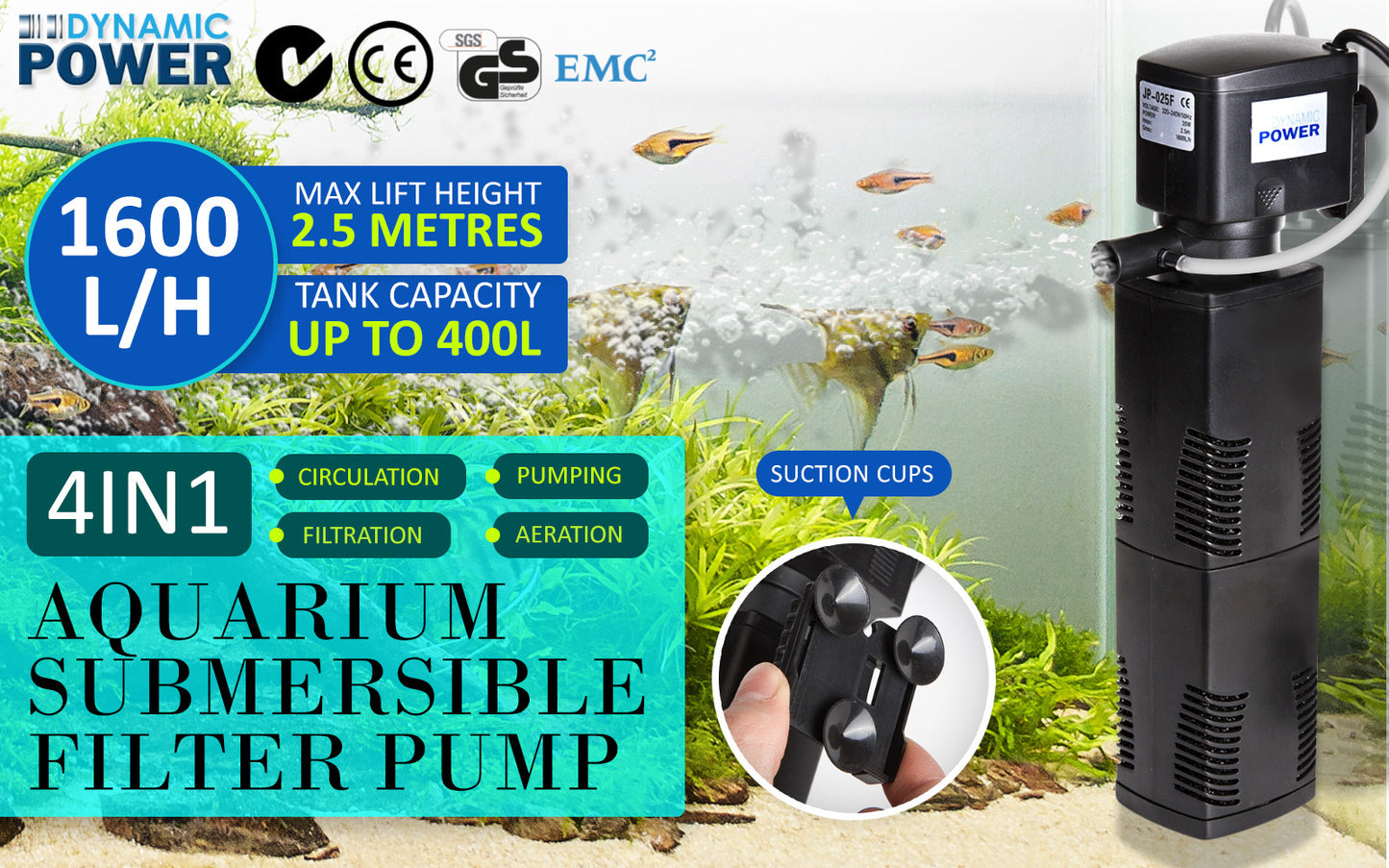 Aquarium Submersible Filter 1600L/H 35W 2.5m Pond Pump