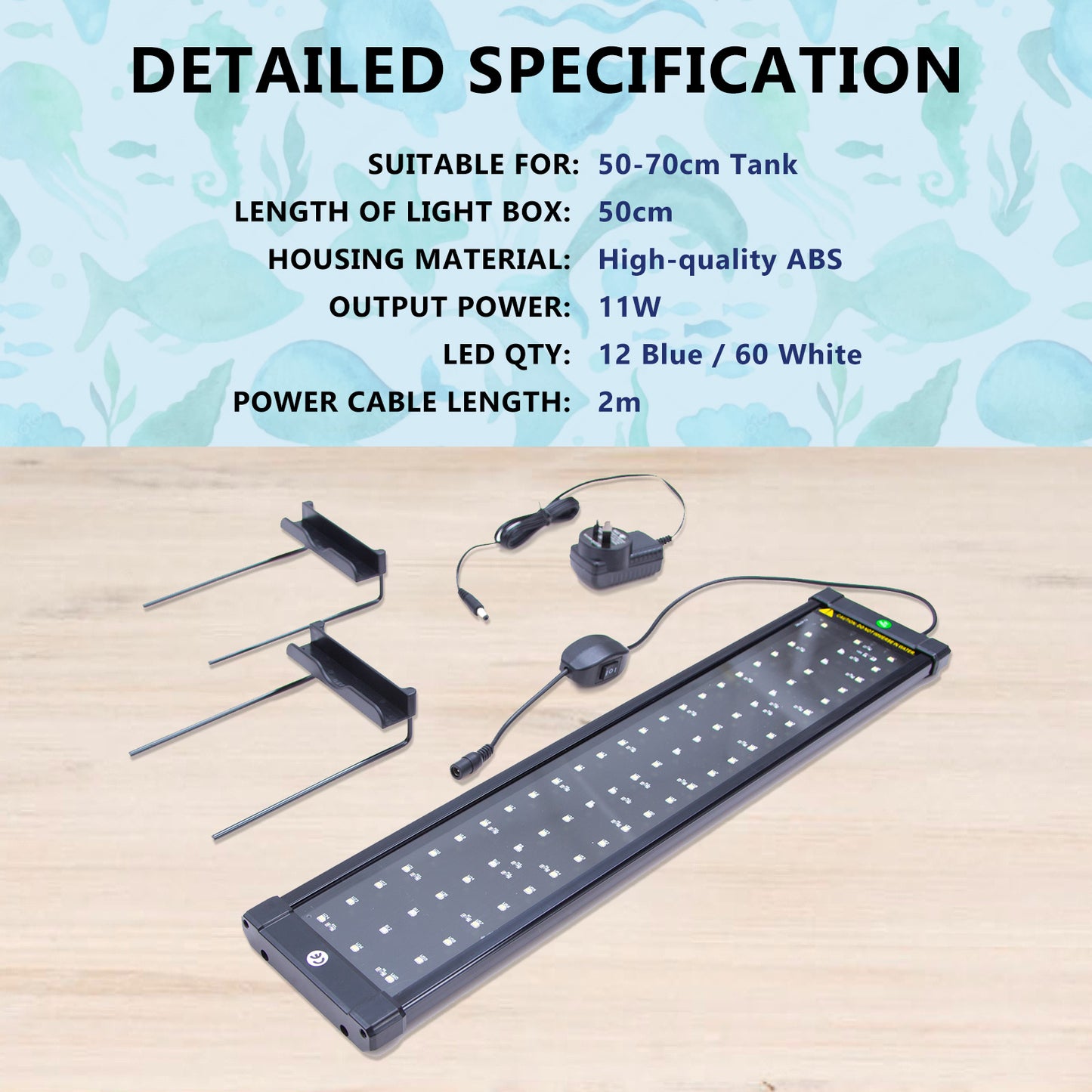 2 Set 11W Aquarium Blue White LED Light for Tank 50-70cm