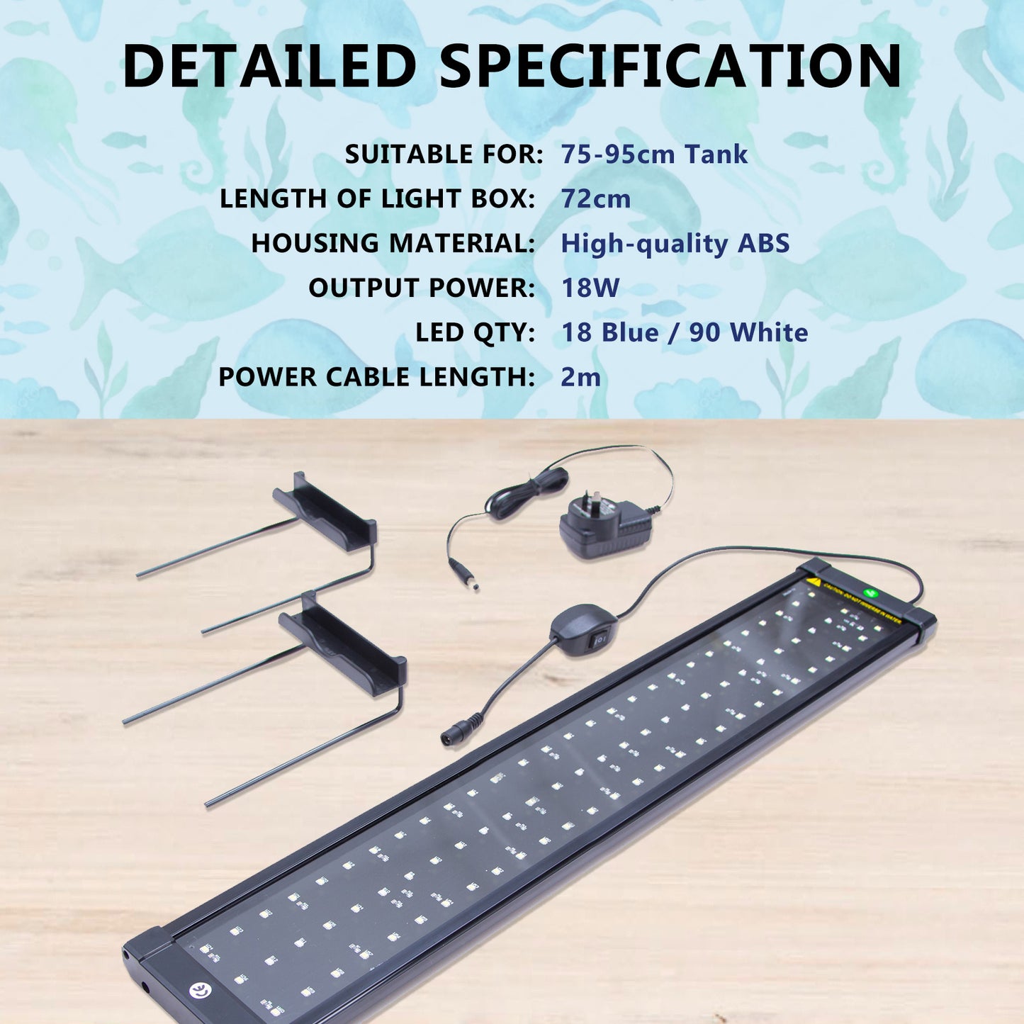 2 Set 18W Aquarium Blue White LED Light for Tank 75-95cm