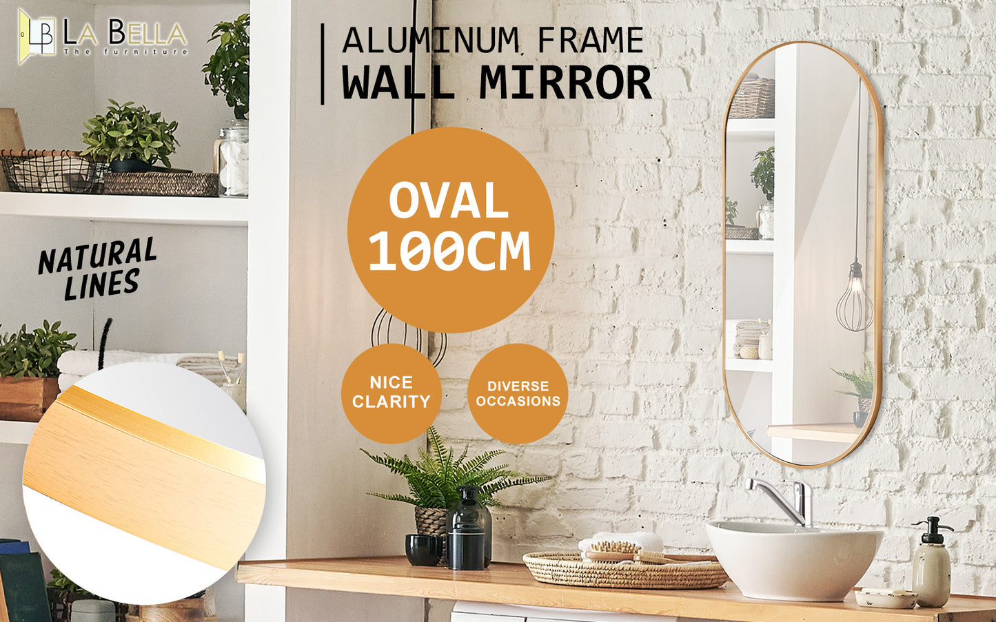 Gold Wall Mirror Oval Aluminium Frame Makeup Decor Bathroom Vanity 45x100cm