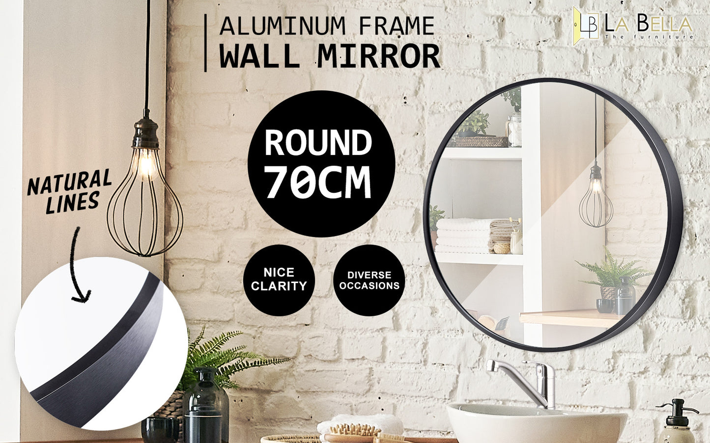 2 Set Black Wall Mirror Round Aluminium Frame Makeup Decor Bathroom Vanity 70cm