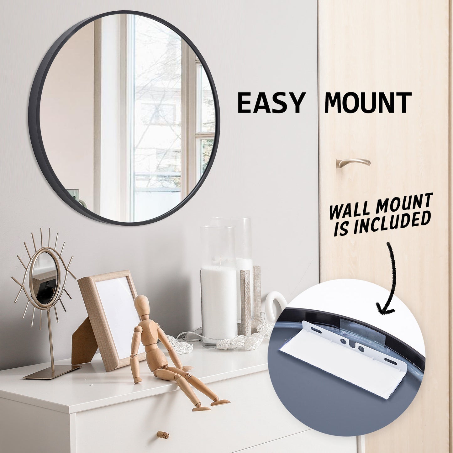 2 Set Black Wall Mirror Round Aluminium Frame Makeup Decor Bathroom Vanity 70cm