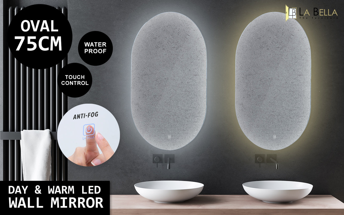 LED Wall Mirror Oval Touch Anti-Fog Makeup Decor Bathroom Vanity 50 x 75cm