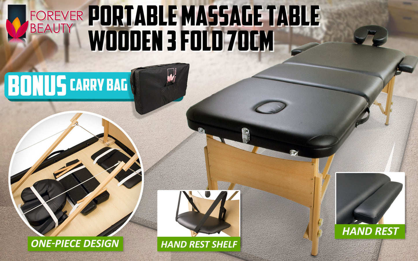 Black Portable Massage Table Bed Therapy Waxing 3 Fold 70cm Wooden