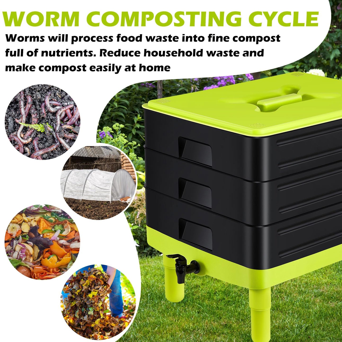 60L Large Worm Farm 3 Trays Worm Composter Bins Composting System