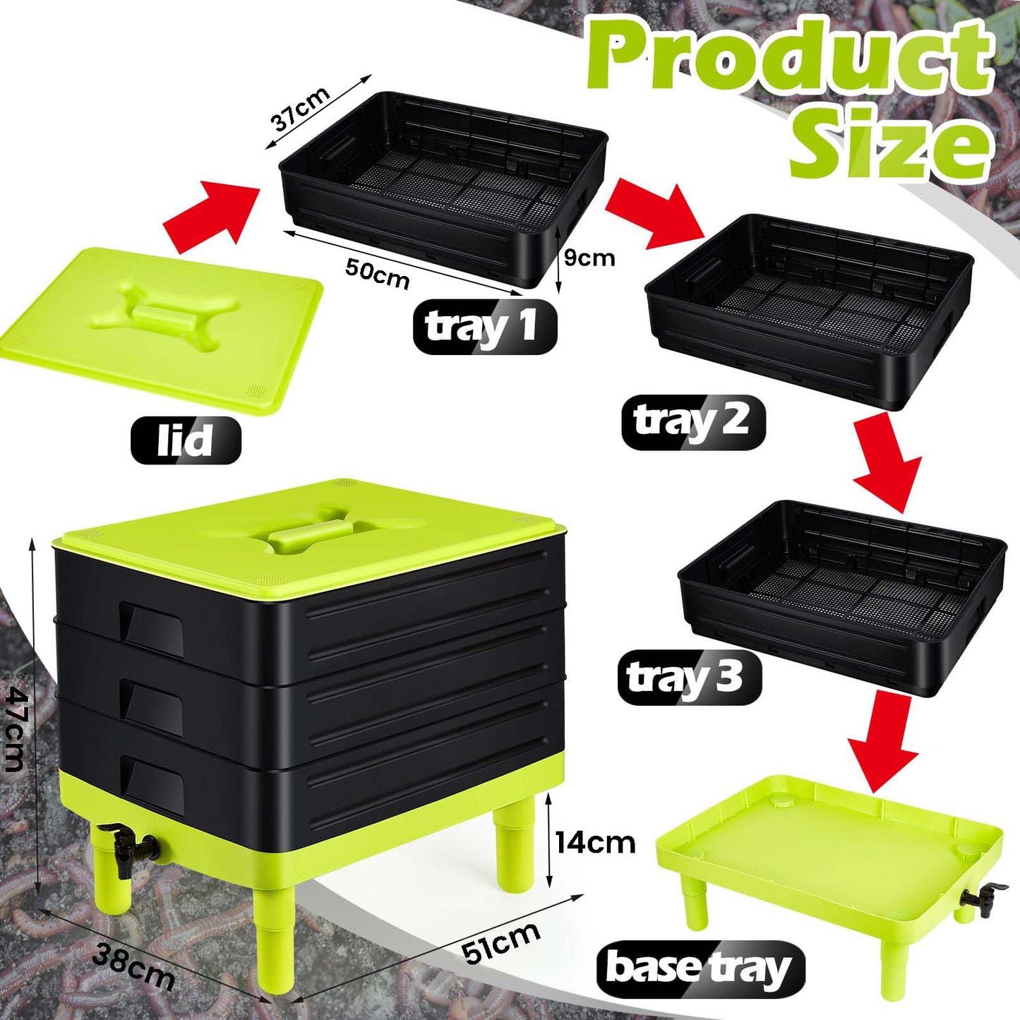 60L Large Worm Farm 3 Trays Worm Composter Bins Composting System