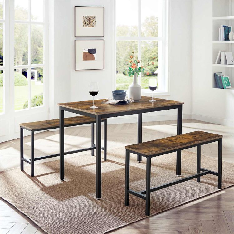 Industrial Rustic Brown Dining Table with 2 Benches